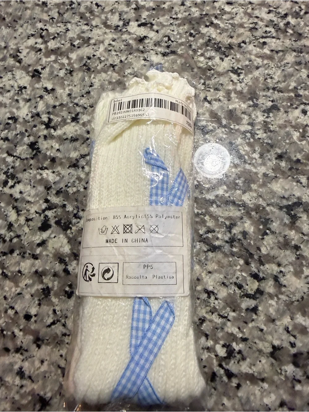 Kawaii Off White Ribbed Leg Warmers with Blue Gingham Ribbon (NWT)